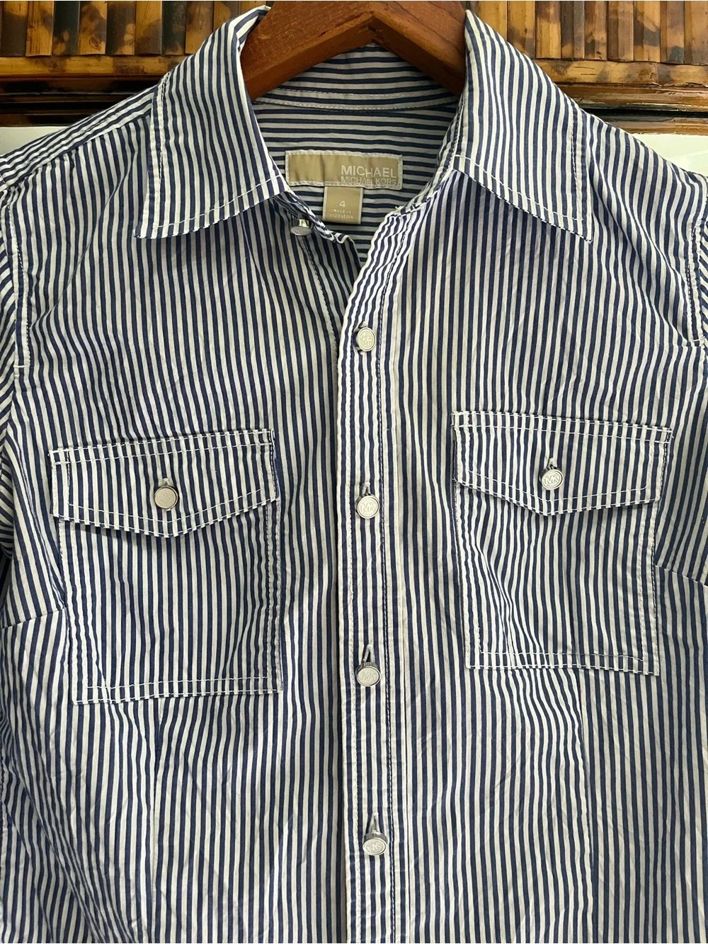 Women’s Navy and White Striped Button-Up Shirt - Classic Casual